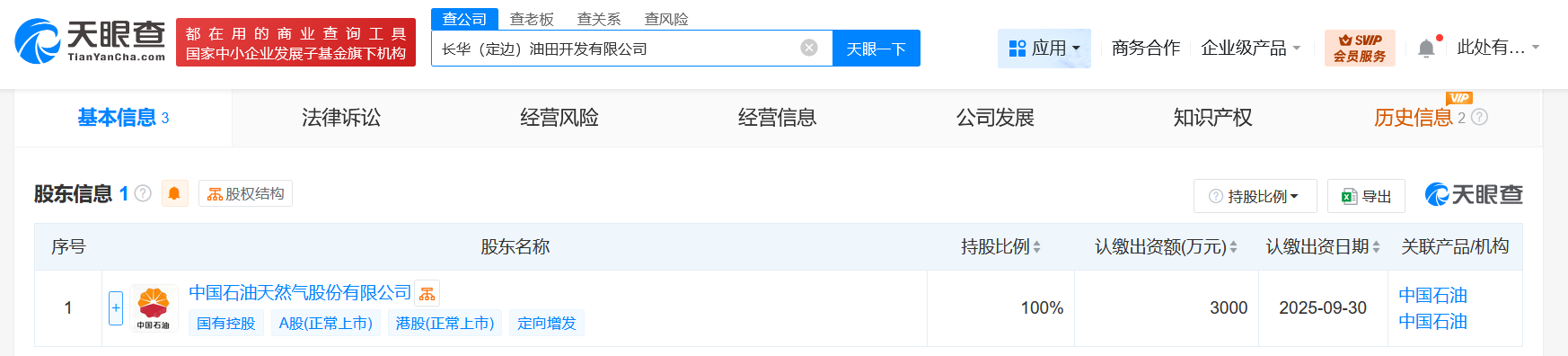 #中国石油在陕西榆林成立油田开发公司# 注册资本3000万