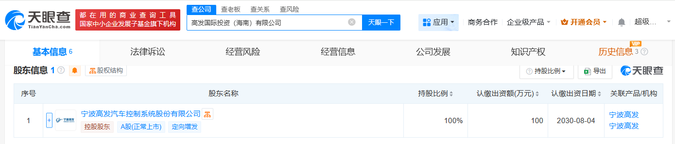 #宁波高发在海南成立国际投资公司# 注册资本100万