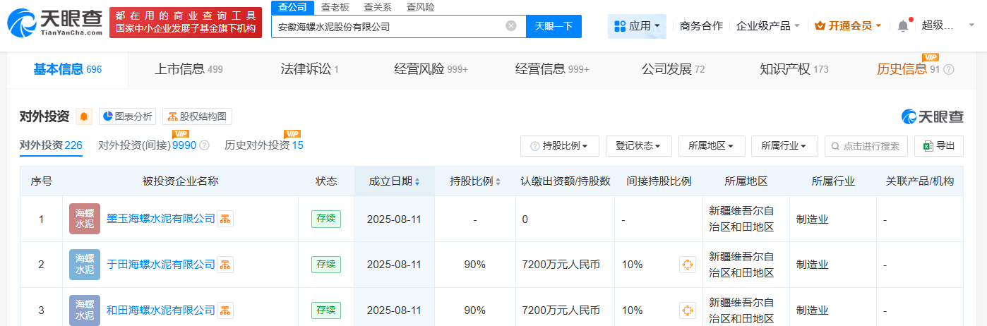 #海螺水泥在新疆和田成立3家新公司# 注册资本合计5.6亿