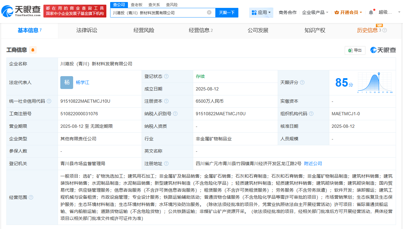 #四川港投成立新材料发展公司# 注册资本6500万