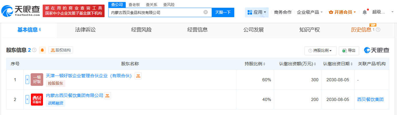 #西贝等成立食品科技公司# 注册资本500万