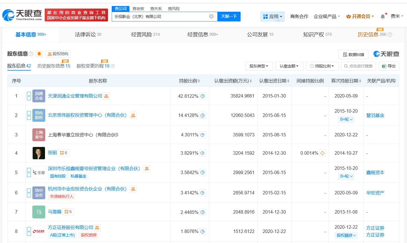 乐视影业527万股权被冻结