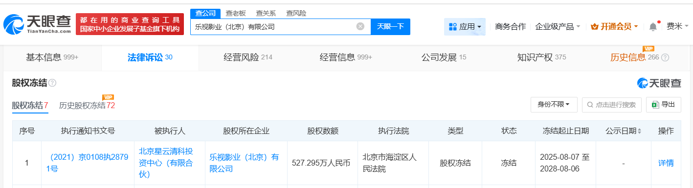 乐视影业527万股权被冻结