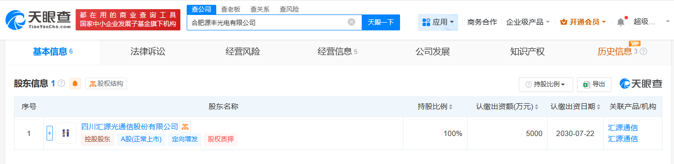 #汇源通信在合肥成立源丰光电公司# 注册资本5000万
