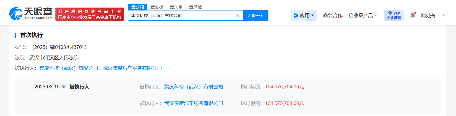 集度科技武汉公司等被执行1.04亿