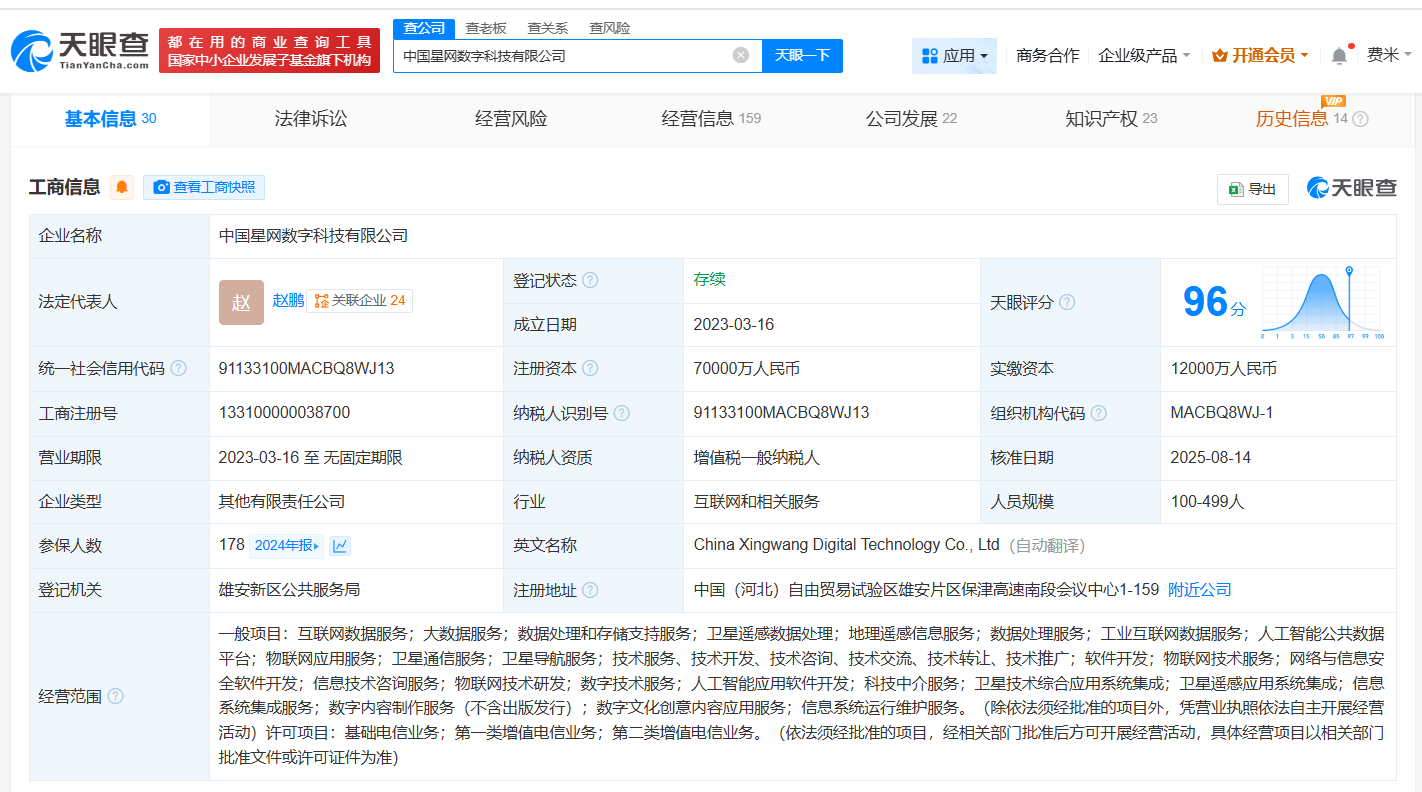 #中国星网数字科技公司增资至7亿# 增幅约483%
