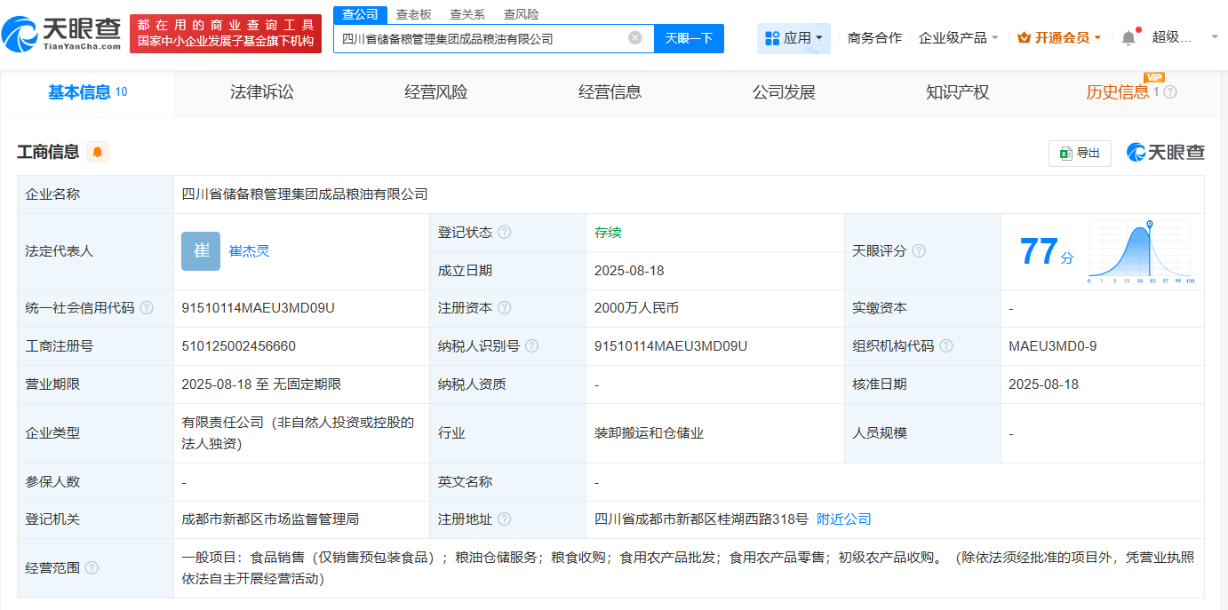 #四川省储备粮集团成立成品粮油公司# 注册资本2000万