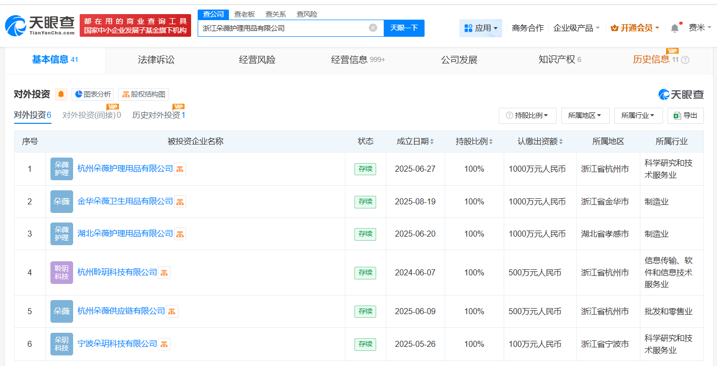 黄子韬卫生巾公司在金华成立新公司