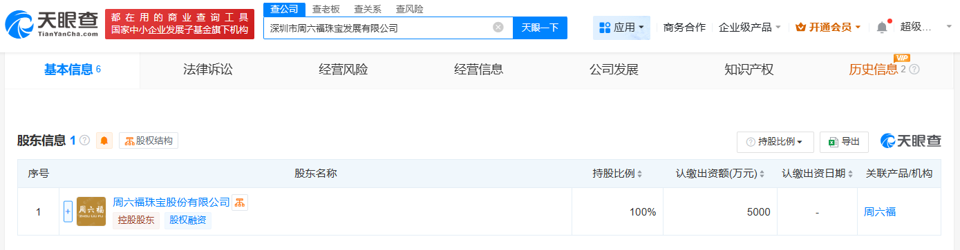 #周六福在深圳成立发展公司# 注册资本5000万