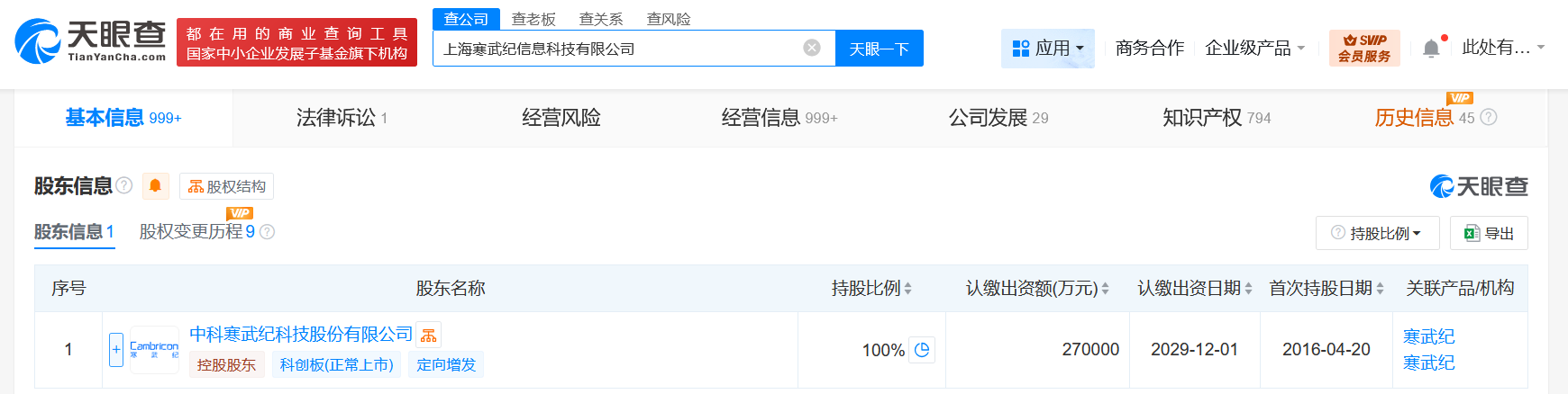 寒武纪旗下信息科技公司增资至27亿