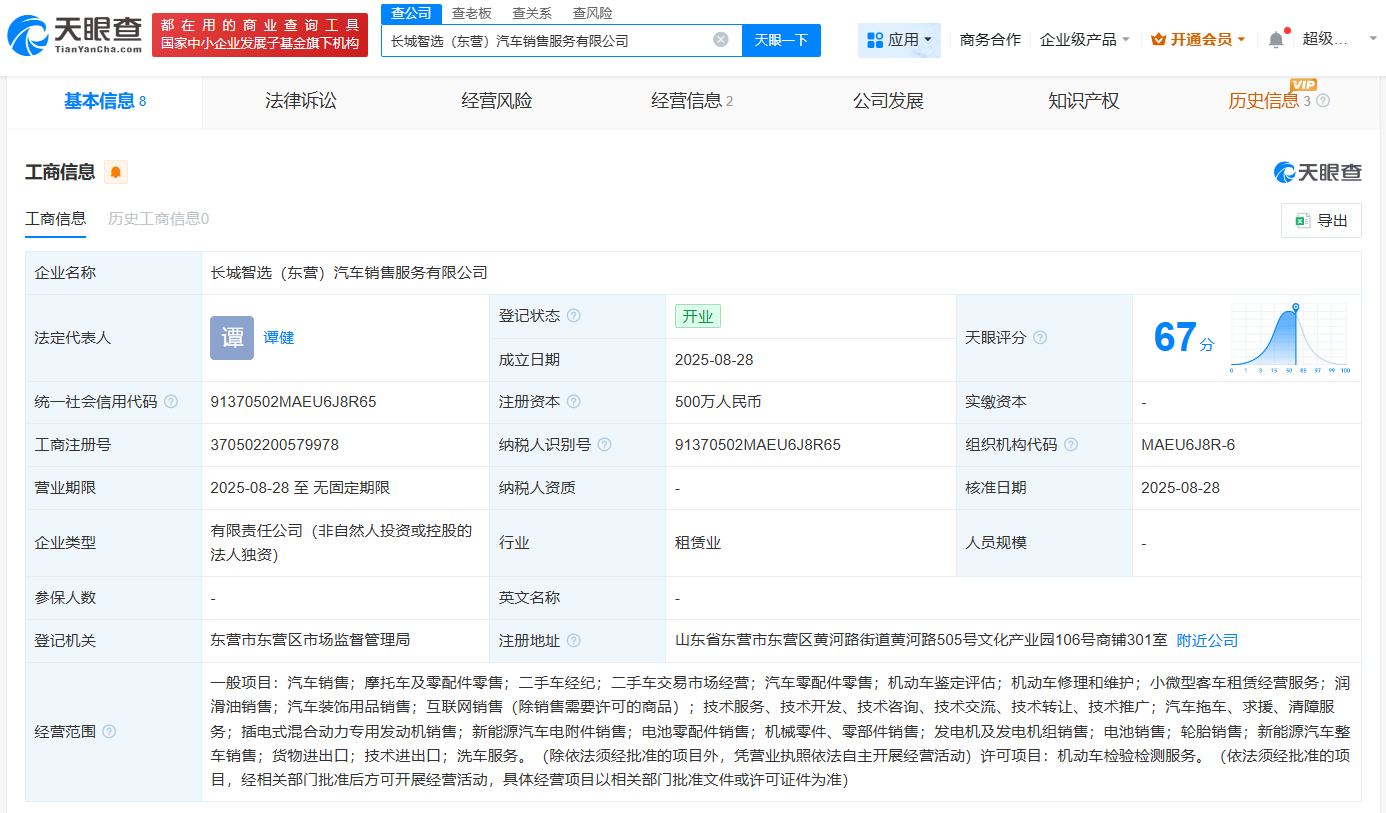 #长城汽车在山东东营成立销售服务公司# 注册资本500万