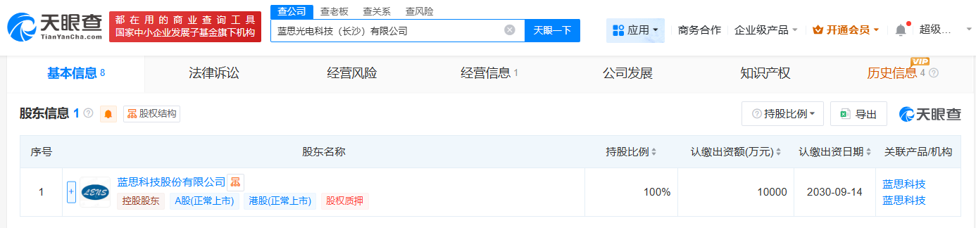 蓝思科技成立光电科技公司注册资本1亿