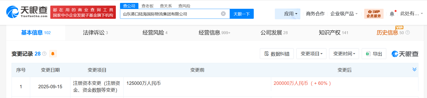 山东港口陆海国际物流集团增资至20亿增幅60%