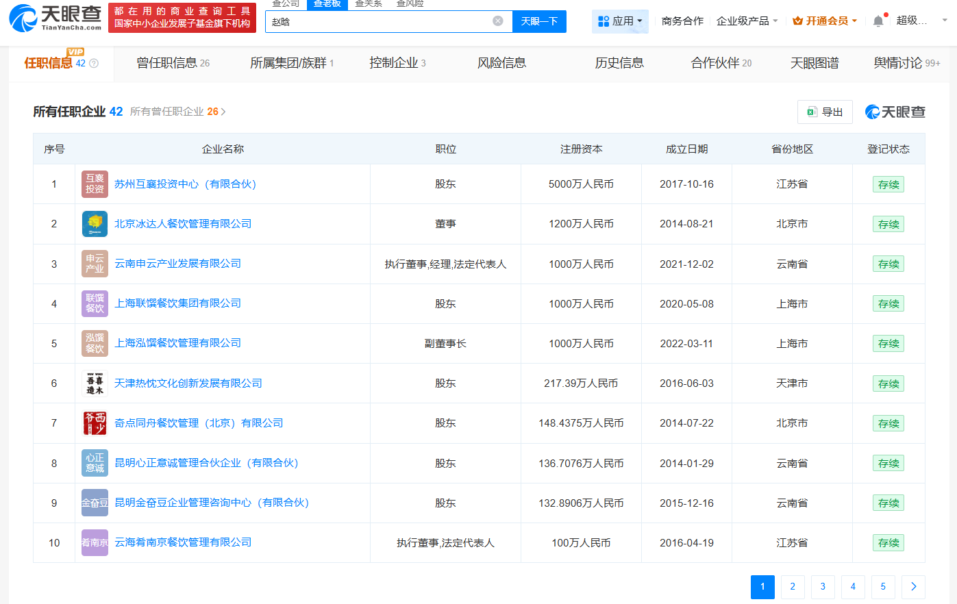 云海肴创始人赵晗关联40余家企业