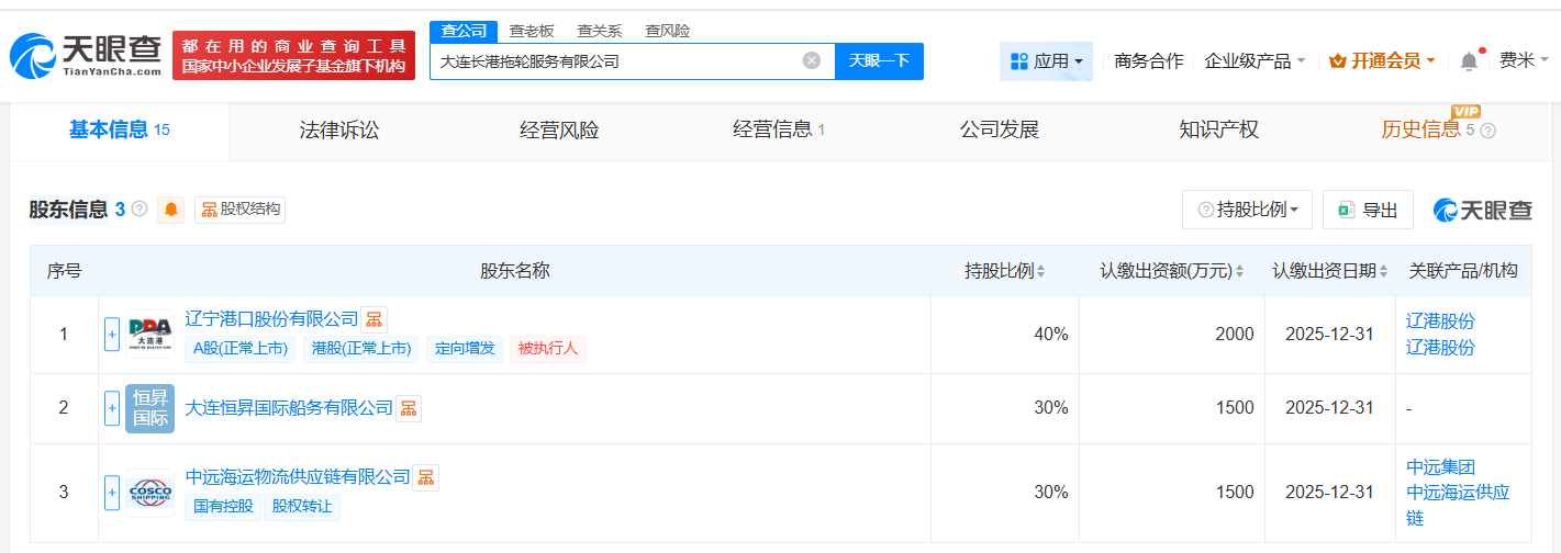 辽港股份、中远海运等在大连成立拖轮服务公司注册资本5000万