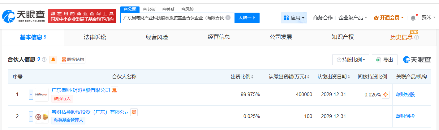 广东省粤财产业科技股权投资基金登记成立出资额40.01亿