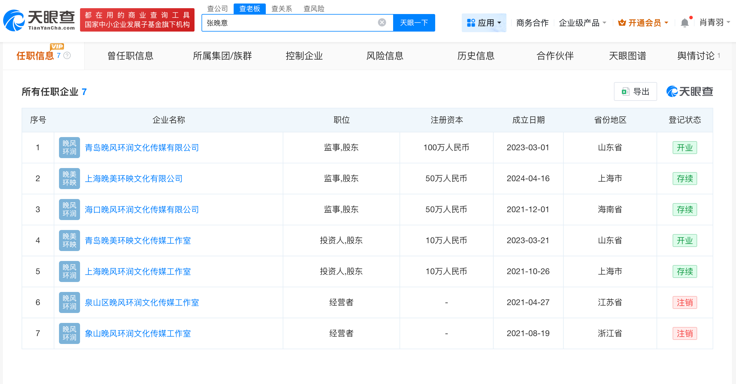 张晚意名下关联7家公司