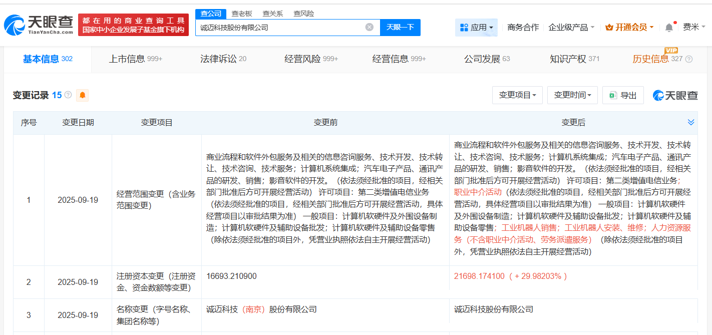 诚迈科技新增工业机器人相关业务