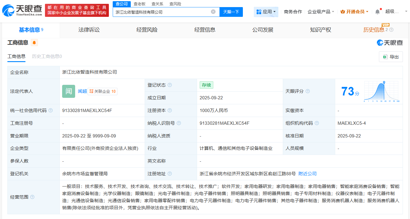 比依股份成立智造科技公司注册资本1000万