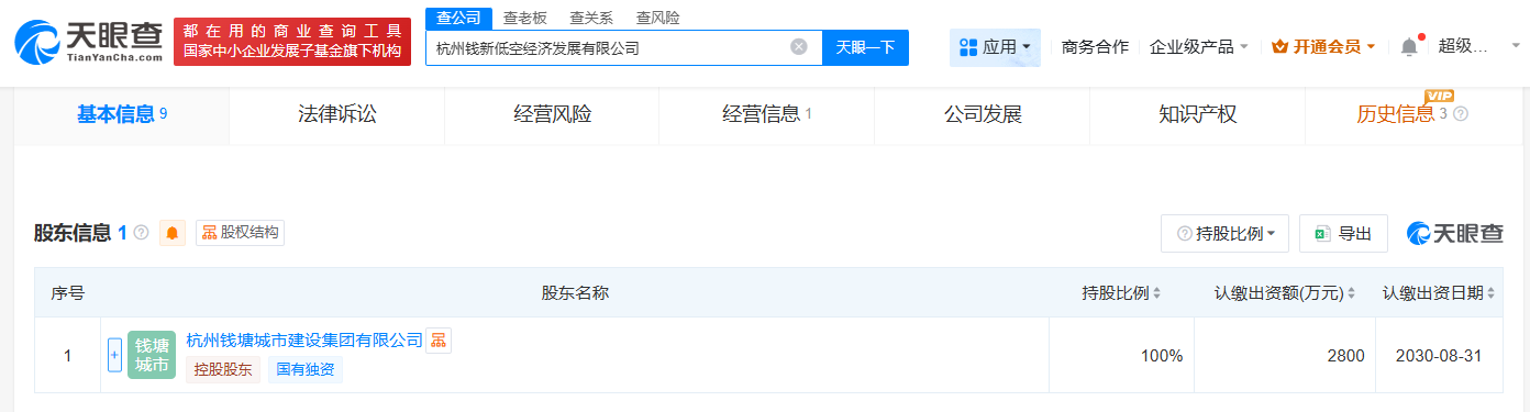 杭州钱新低空经济发展公司成立注册资本2800万