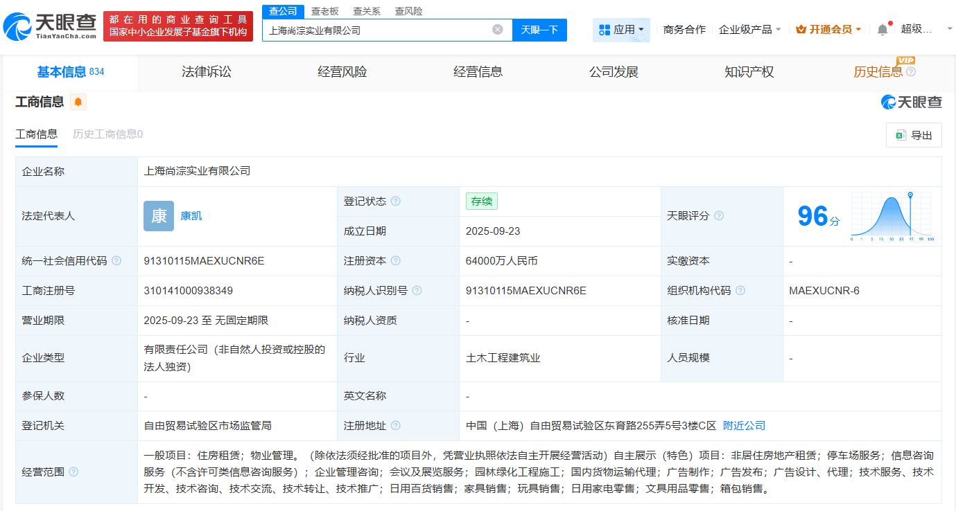 上海地产集团成立尚淙实业公司注册资本6.4亿
