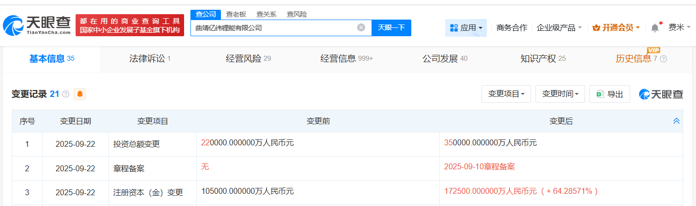亿纬锂能旗下曲靖公司增资至17.25亿增幅约64%