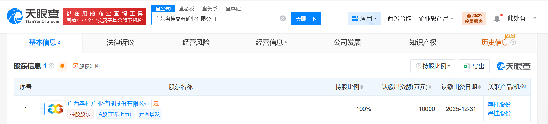 粤桂股份成立晶源矿业公司注册资本1亿