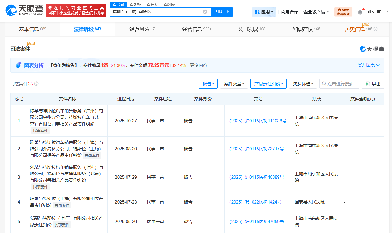 特斯拉中国关联公司涉多起诉讼