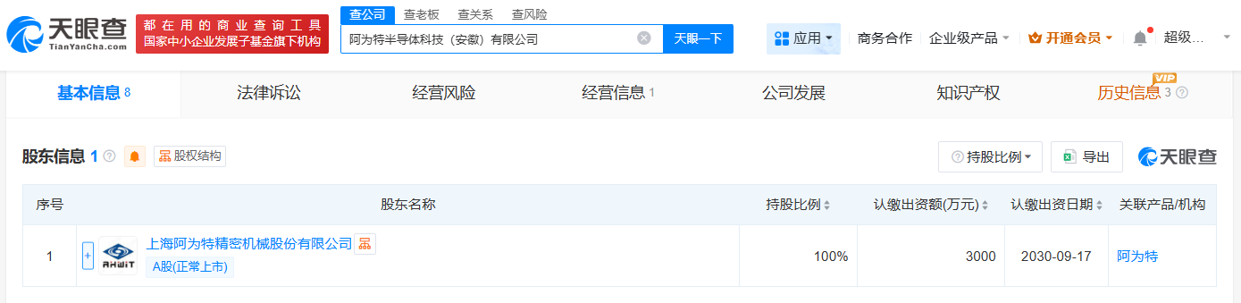 阿为特在安徽成立半导体科技公司注册资本3000万