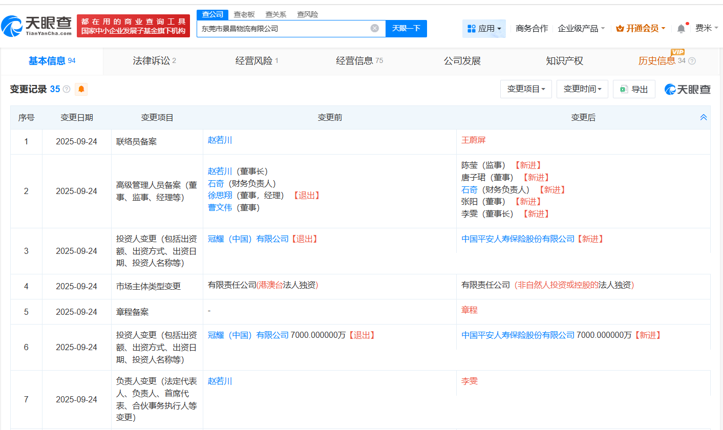 平安人寿入股景昌物流