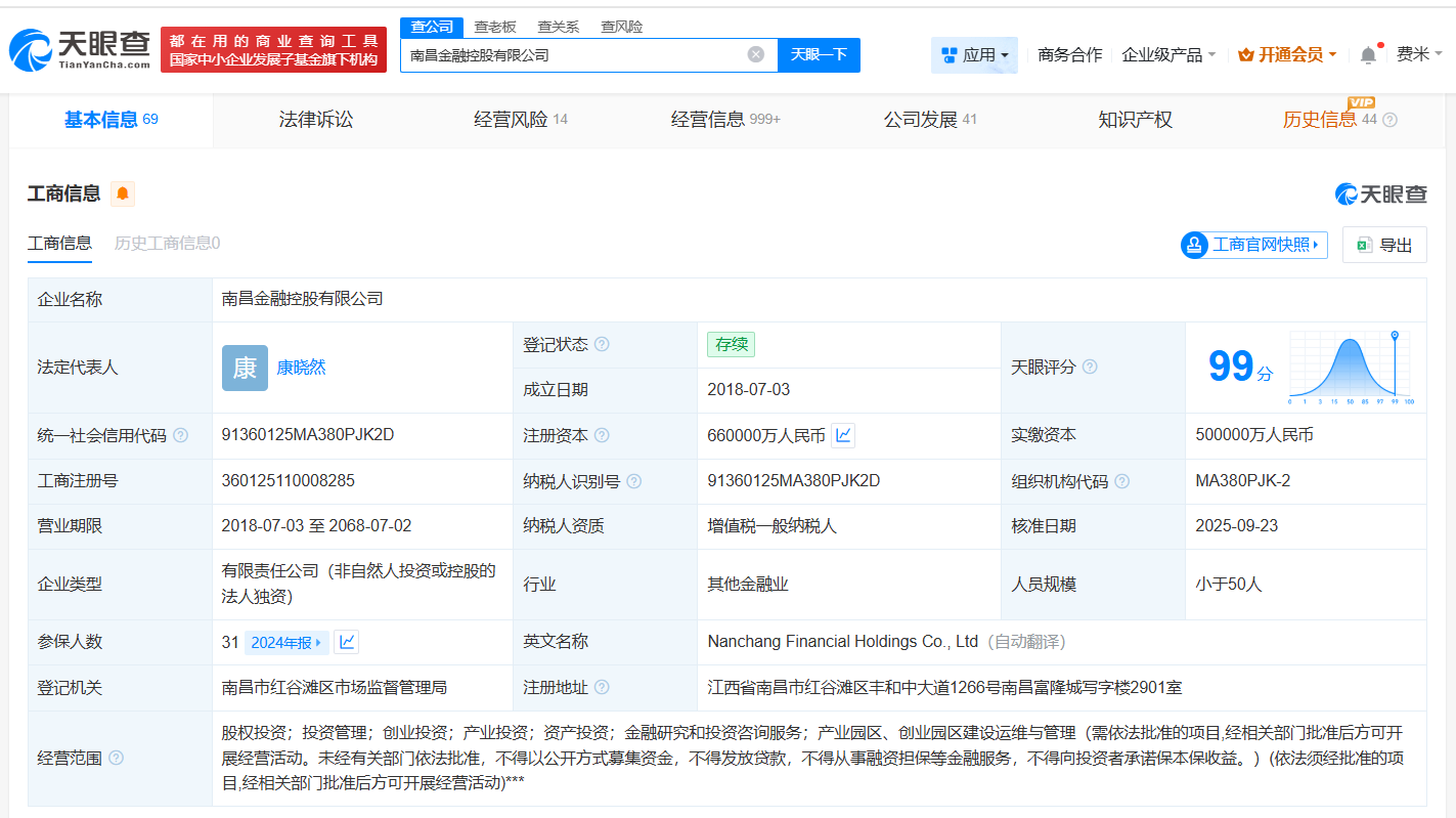 南昌金融控股公司增资至66亿增幅32%