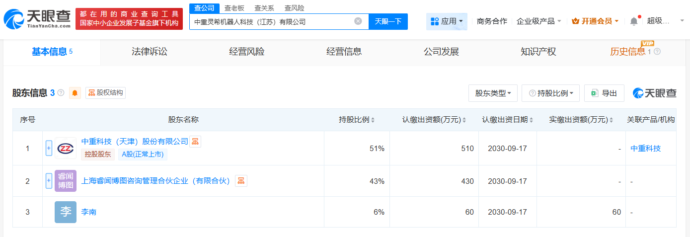 中重科技等在江苏成立机器人公司注册资本1000万