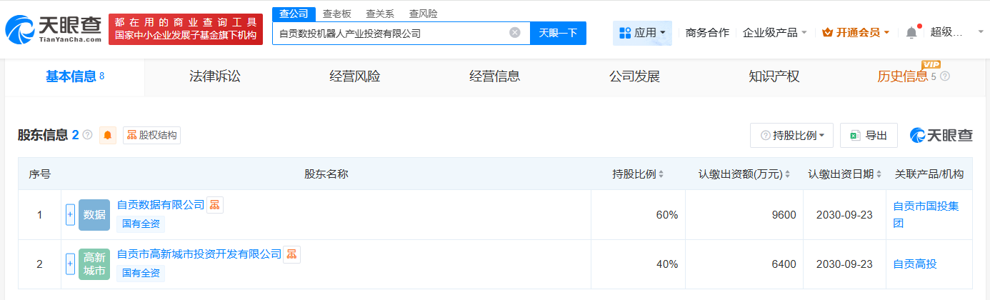 自贡数投机器人产业投资公司成立注册资本1.6亿