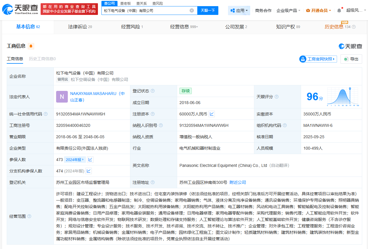松下电气设备公司增资至6亿增幅约71%