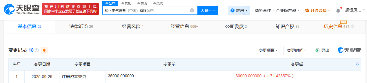 松下电气设备公司增资至6亿增幅约71%