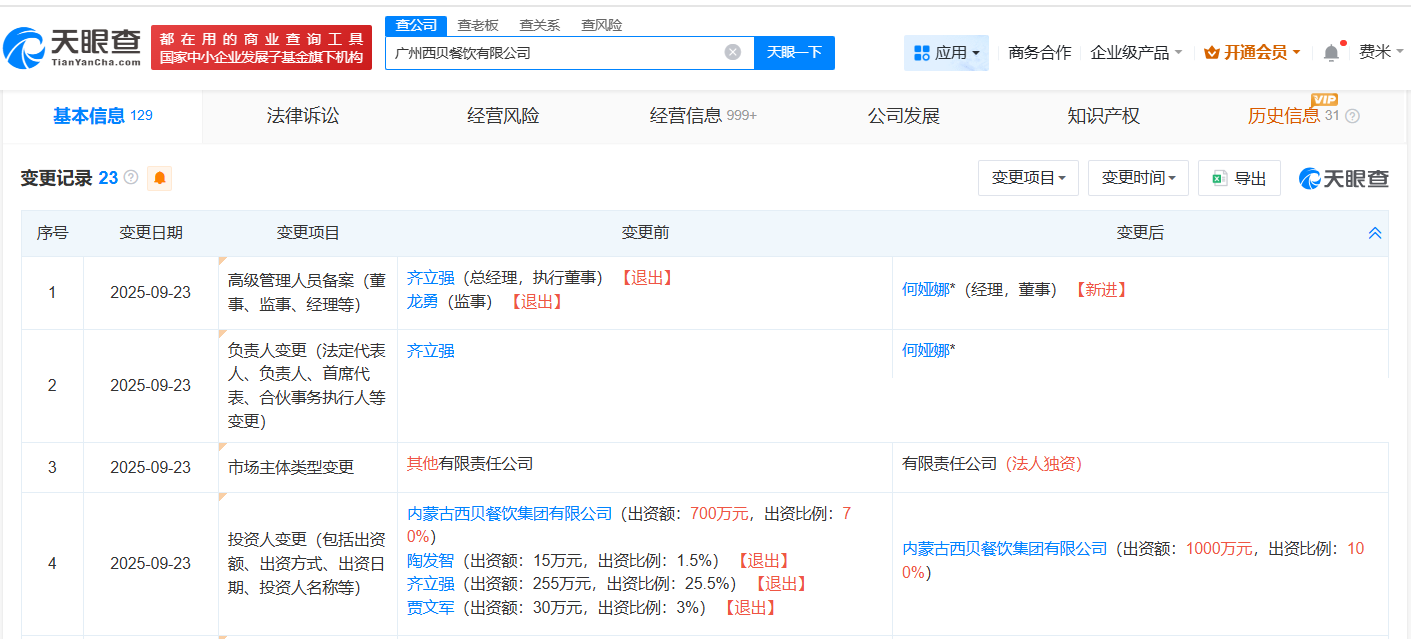 多位自然人退股西贝旗下广州餐饮公司