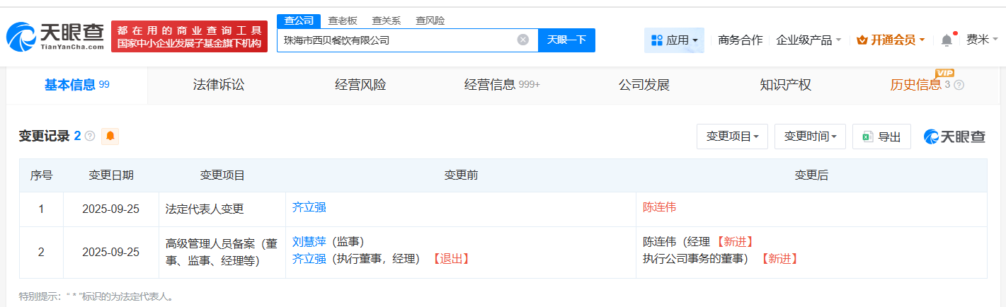 多位自然人退股西贝旗下广州餐饮公司