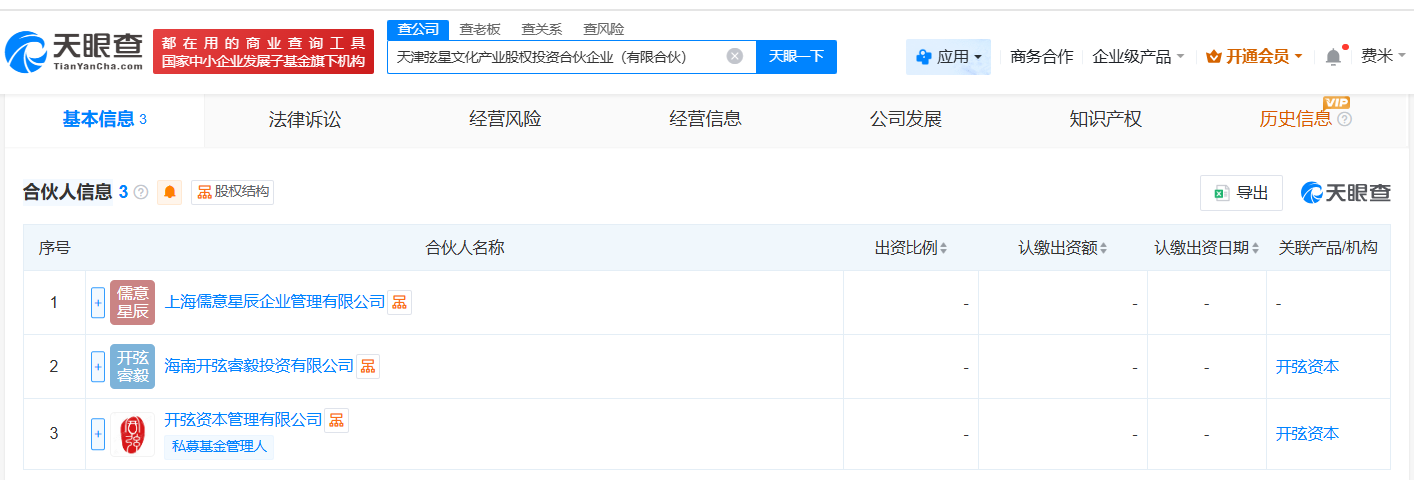 中国儒意等在天津成立文化产业股权投资合伙企业出资额10亿