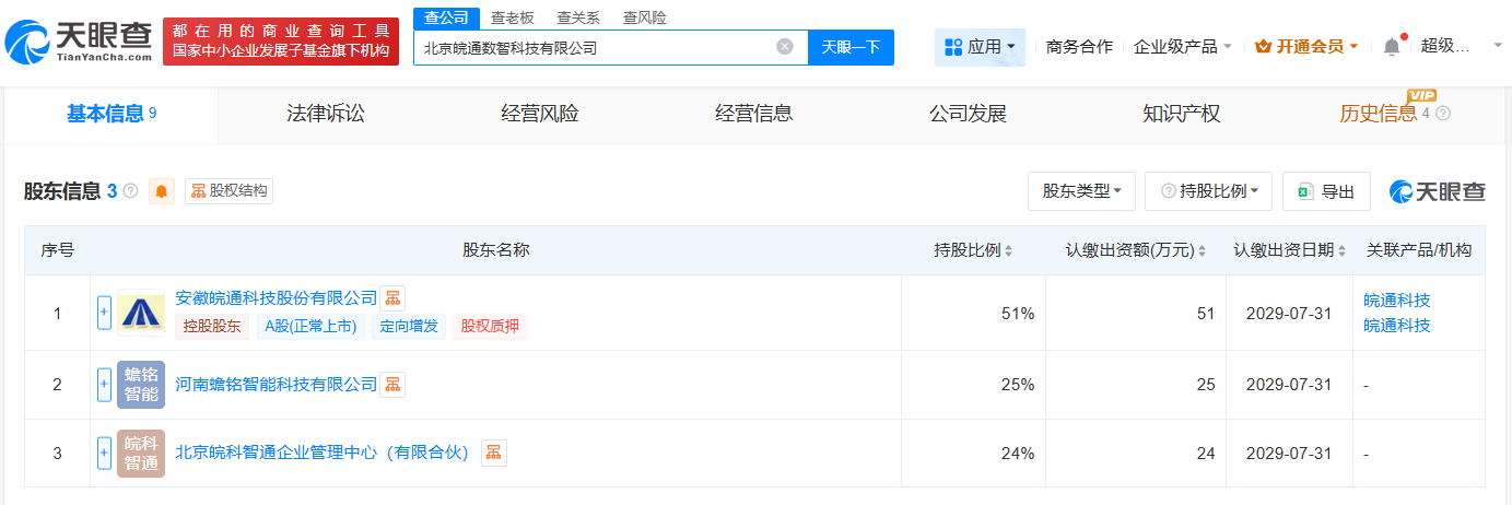 #皖通科技等在北京成立数智科技公司# 注册资本100万