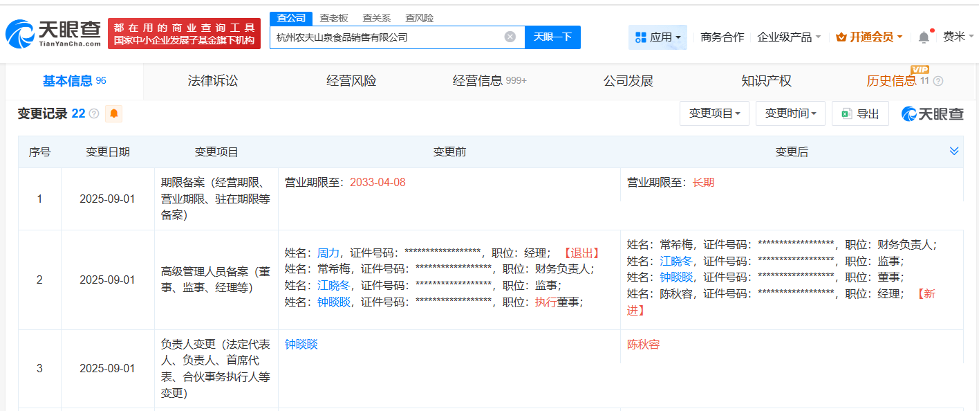 钟睒睒卸任杭州农夫山泉食品销售公司法定代表人