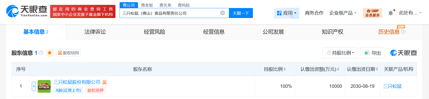 #三只松鼠在佛山成立食品公司# 注册资本1亿