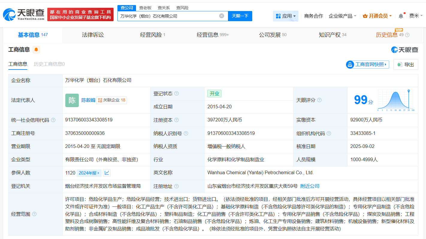 #万华化学烟台石化公司增资至39.72亿# 科威特石化工业公司完成入股