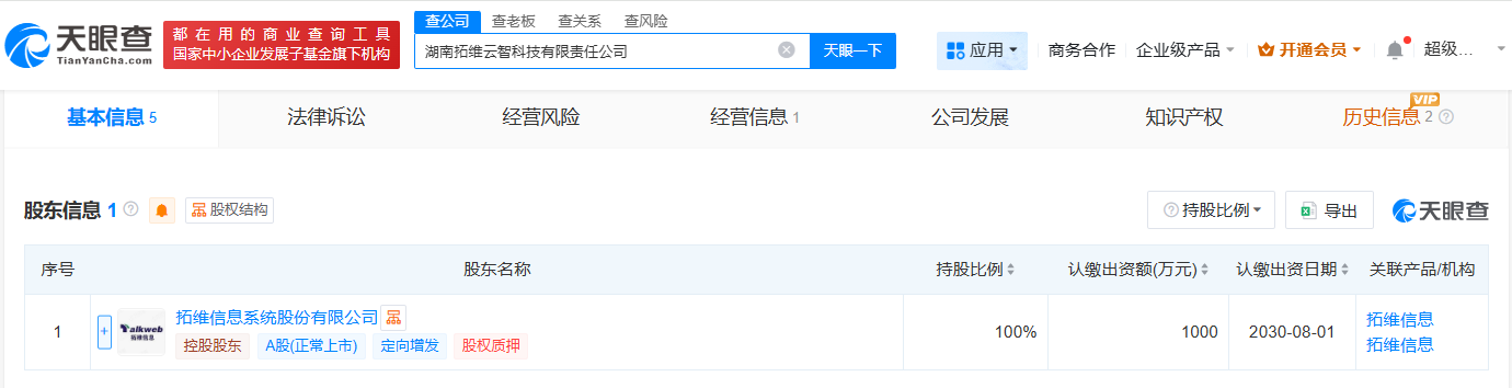 #拓维信息在湖南成立云智科技公司# 注册资本1000万