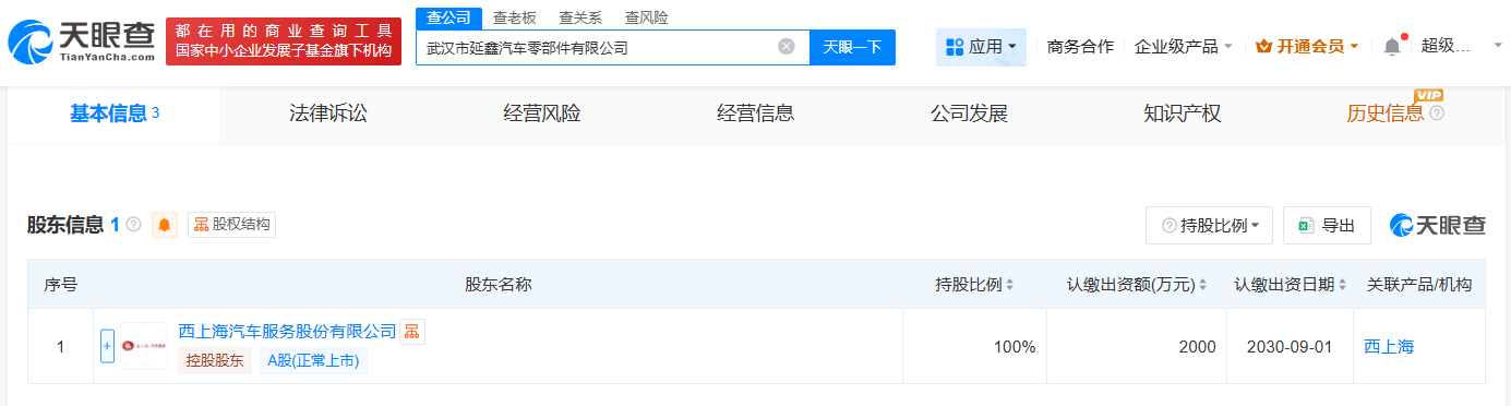 #西上海在武汉成立延鑫汽车零部件公司# 注册资本2000万