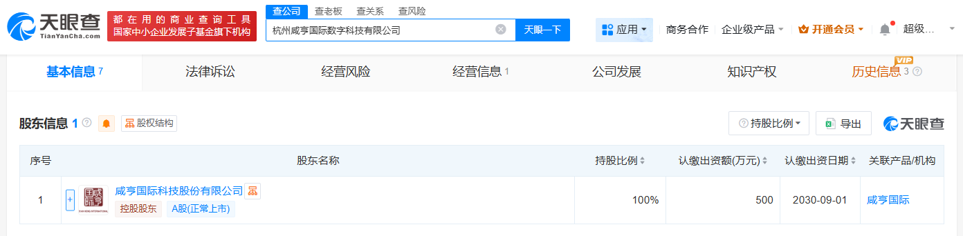 #咸亨国际在杭州成立数字科技公司# 注册资本500万