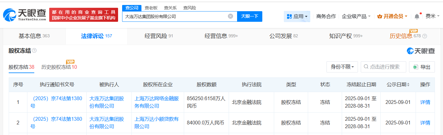 万达集团所持94亿股权被冻结