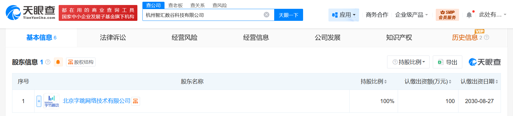 #字节跳动在杭州成立智汇数谷科技公司# 注册资本100万