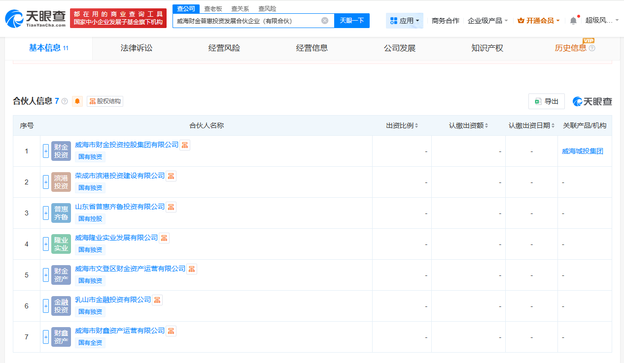 #威海财金集团等成立普惠投资发展合伙企业# 出资额60亿