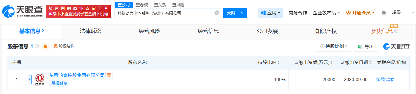 #东风鸿泰在湖北成立科新动力电池系统公司# 注册资本2亿
