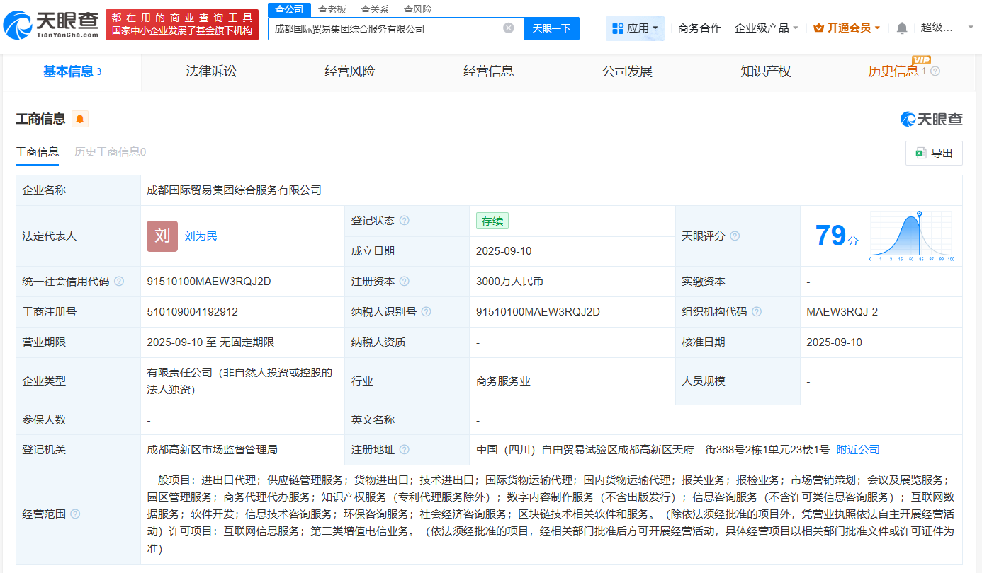 成都国际贸易集团成立综合服务公司注册资本3000万